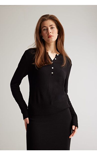 DeFacto Fitted Bisiklet Yaka Basic Düz Siyah Triko Kazak