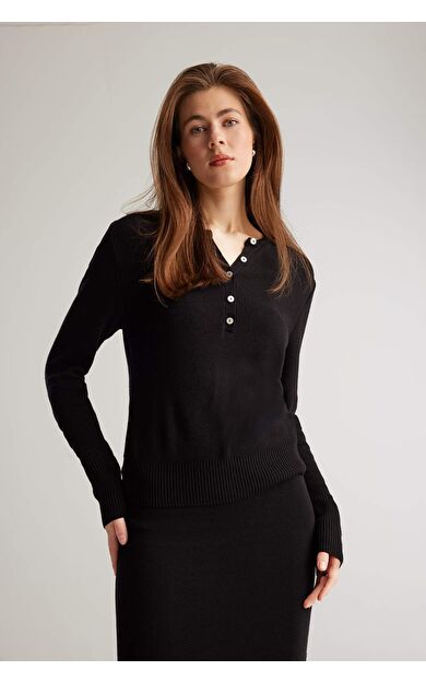 DeFacto Fitted Bisiklet Yaka Basic Düz Siyah Triko Kazak