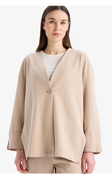 Relax Fit Basic Düz Düğmeli Keten Görünümlü Uzun Kollu Hırka Tunik