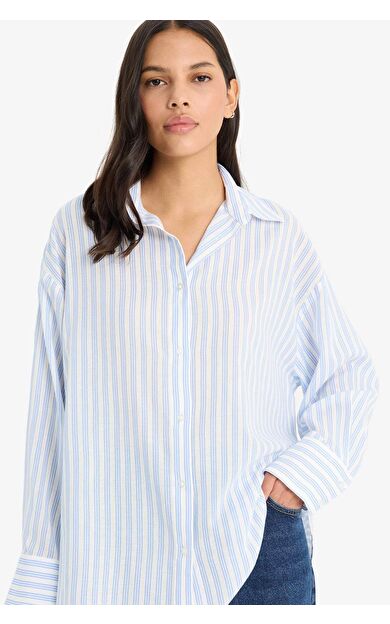 Oversize Geniş Kalıp Gömlek Yaka Çizgili Vual Uzun Kollu Gömlek