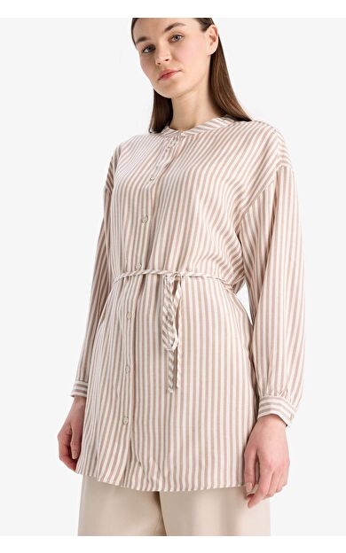 Relax Fit Çizgili Uzun Kollu Bağcıklı Gömlek Tunik
