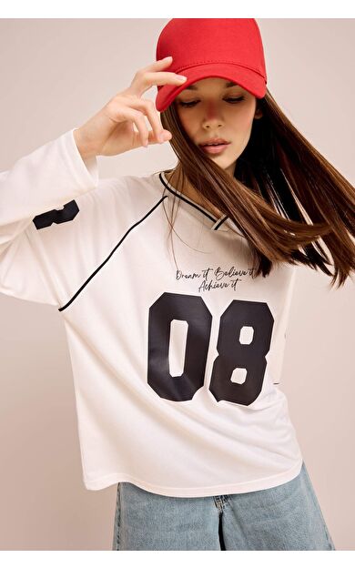 Coool Oversize Geniş Kalıp V Yaka Baskılı Uzun Kollu Tişört