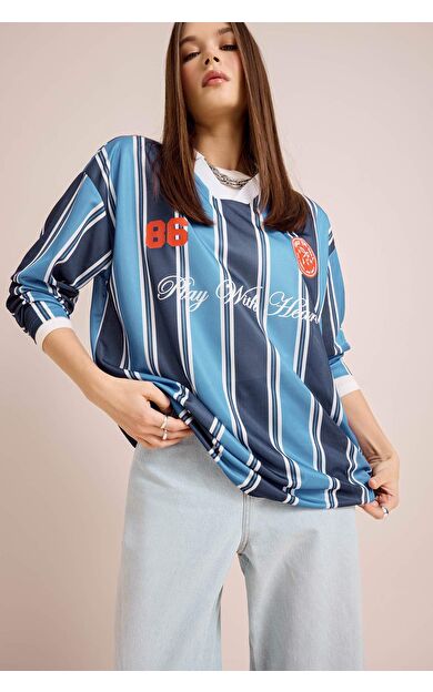 Coool Oversize Geniş Kalıp Polo Yaka Baskılı Uzun Kollu Tişört