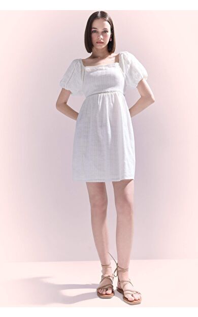 Kare Yaka Pamuklu Kısa Kollu Mini Elbise