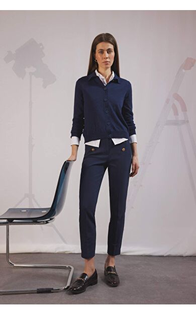 DeFacto Skinny Fit Yüksek Bel Cepli Düğmeli Düz Paça Pantolon