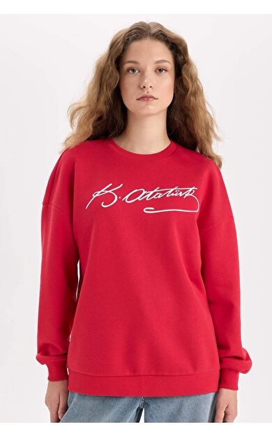 DeFacto Oversize Fit Geniş Kalıp Atatürk İmzalı Bisiklet Yaka Kalın Kumaş Sweatshirt