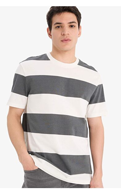 DeFacto %100 Pamuk Regular Fit Bisiklet Yaka Çizgili Kısa Kollu Tişört E5485AX25SMAR216