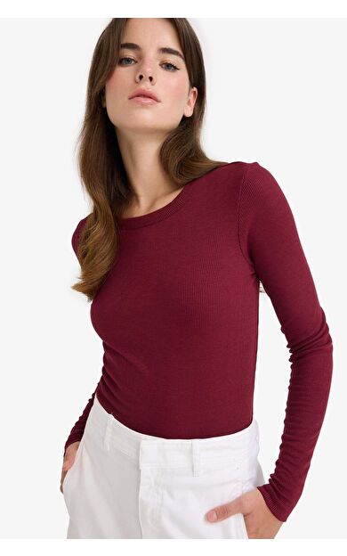 DeFacto Slim Fit Dar Kesim Basic Düz Fitilli Kaşkorse Uzun Kollu Tişört E5767AX25AUBR115