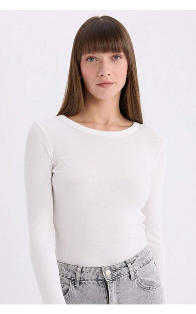 DeFacto Slim Fit Dar Kesim Basic Düz Casual Fitilli Kaşkorse Uzun Kollu Tişört E5767AX25SPER105