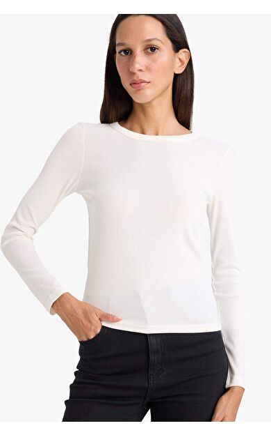 Slim Fit Dar Kesim Basic Düz Fitilli Kaşkorse Uzun Kollu Tişört