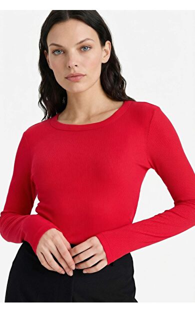 Slim Fit Dar Kesim Basic Düz Fitilli Kaşkorse Uzun Kollu Tişört