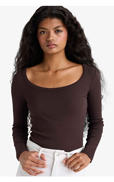 Slim Fit Dar Kesim Yuvarlak Yaka Basic Düz Fitilli Kaşkorse Uzun Kollu Tişört E5768AX25AUBN340