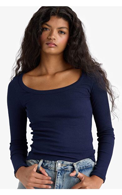 Slim Fit Dar Kesim Yuvarlak Yaka Basic Düz Fitilli Kaşkorse Uzun Kollu Tişört E5768AX25AUNV251