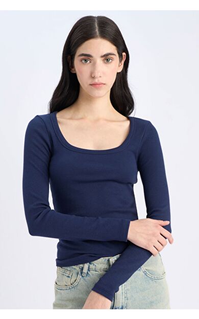 DeFacto Slim Fit Dar Kesim Basic Düzl Fitilli Kaşkorse Uzun Kollu Tişört