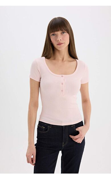 DeFacto Slim Fit Dar Kesim Yuvarlak Yaka Basic Düz Fitilli Kaşkorse Kısa Kollu Tişört E5781AX25SPPN364