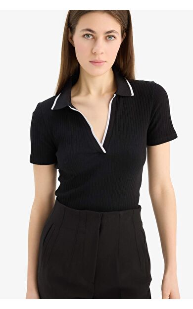 DeFacto Slim Fit Dar Kesim Fitilli Kaşkorse Kısa Kollu Polo Tişört E5786AX25SPBK81