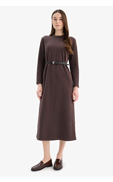 DeFacto Regular Fit Bisiklet Yaka Basic Düz Kemerli Uzun Kollu Selanik Kumaş Midi Elbise