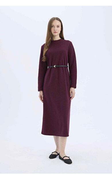 DeFacto Regular Fit Bisiklet Yaka Uzun Kollu Kemerli Selanik Kumaş Maxi Elbise