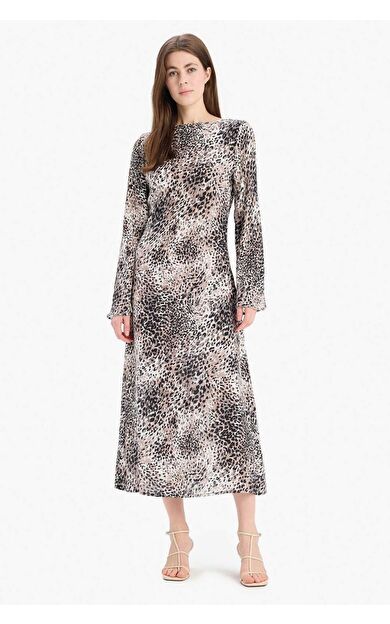 A Kesim Fırfırlı Yaka Hayvan Desenli Maroken Uzun Kollu Midi Elbise