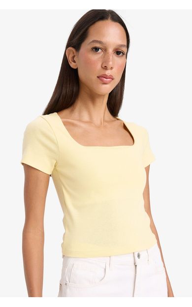 DeFacto Slim Fit Dar Kesim Kare Yaka Fitilli Kaşkorse Kısa Kollu Tişört