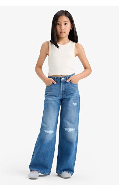 DeFacto Kız Çocuk Wide Leg Yırtık Detaylı Geniş Paça Jean Pantolon