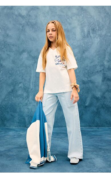 Kız Çocuk Paperbag Kargo Geniş Paça Jean Pantolon