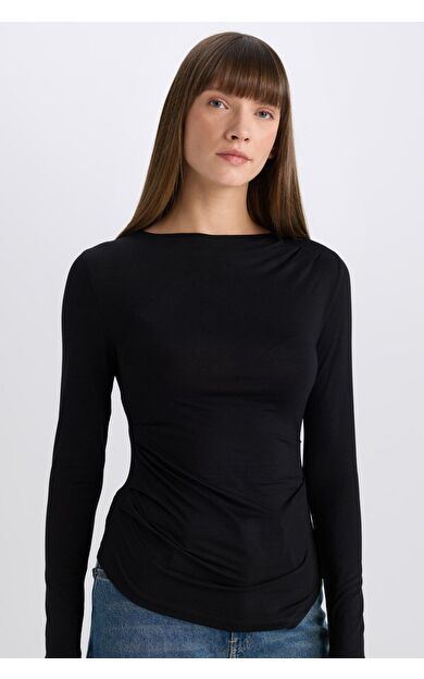DeFacto Slim Fit Dar Kesim Bisiklet Yaka Basic Düz Uzun Kollu Tişört E5884AX25SPBK81