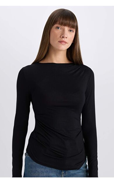 DeFacto Slim Fit Dar Kesim Bisiklet Yaka Basic Düz Uzun Kollu Tişört E5884AX25SPBK81