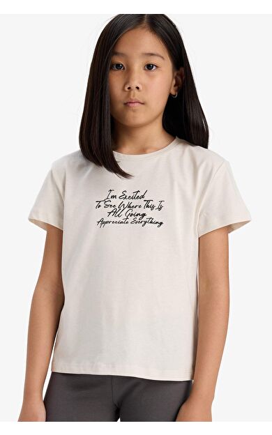 DeFacto Kız Çocuk Regular Fit Bisiklet Yaka Slogan Baskılı Kısa Kollu Tişört E5892A825SMBG697