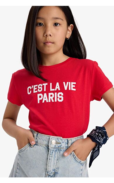 DeFacto Kız Çocuk Regular Fit Bisiklet Yaka Slogan Baskılı Kısa Kollu Tişört E5894A825SMRD282
