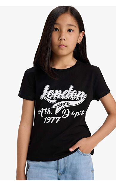 DeFacto Kız Çocuk Bisiklet Yaka Baskılı Kısa Kollu Tişört E5898A825SMBK81