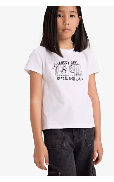 DeFacto Kız Çocuk Regular Fit Bisiklet Yaka Hayvan Desenli Kısa Kollu Tişört E5904A825SMWT79