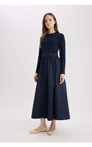 Regular Fit Bisiklet Yaka Paraşüt Uzun Kollu Maxi Elbise