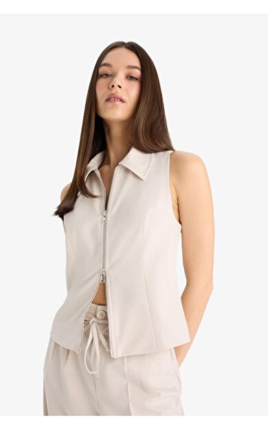 DeFacto Polo Yaka Fermuarlı Dokuma Yelek