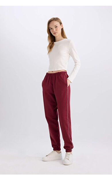DeFacto Cepli Esnek Belli Bağcıklı Dar Paça Uzun Boy Bordo Jogger Eşofman Altı
