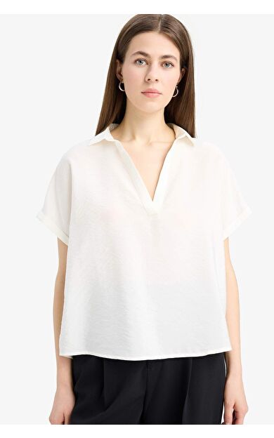 Comfort Fit Gömlek Yaka Basic Düz Kısa Kollu Bluz