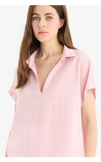 Comfort Fit Gömlek Yaka Basic Düz Kısa Kollu Bluz