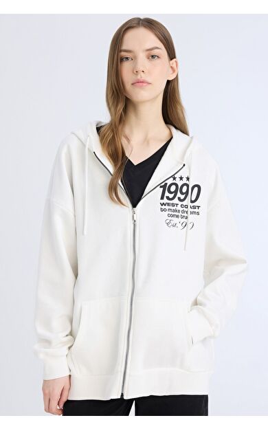 DeFacto Oversize Geniş Kalıp Kapüşonlu Baskılı Fermuarlı Kalın Sweatshirt