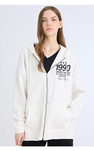 DeFacto Oversize Geniş Kalıp Kapüşonlu Baskılı Fermuarlı Kalın Sweatshirt