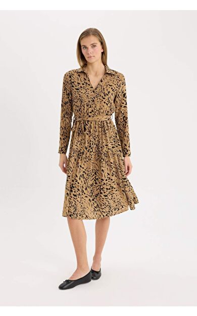 Gömlek Yaka Leopar Desenli Uzun Kollu Kuşaklı  Midi Elbise
