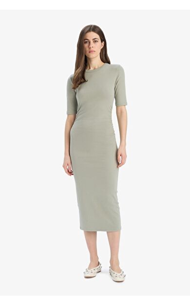 DeFacto Bodycon Vücudu Saran Bisiklet Yaka Ribana Kısa Kollu Midi Elbise