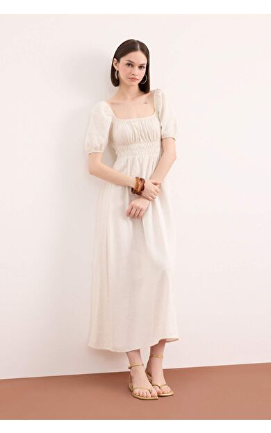 DeFacto Kare Yaka Keten Karışımlı Kısa Kollu Midi Elbise