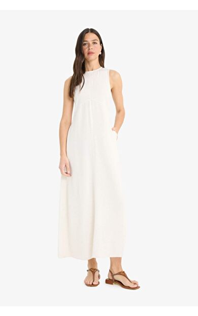 DeFacto Bisiklet Yaka Cepli Basic Düz Keten Karışımlı Kolsuz Maxi Elbise