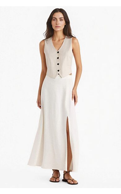 DeFacto A Kesim Normal Bel Yırtmaçlı Keten Karışımlı Maxi Etek