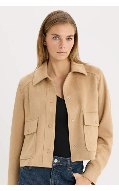 DeFacto Regular Fit Polo Yaka Cepli Basic Düz Süet Ceket Mont E6033AX25SPBG294