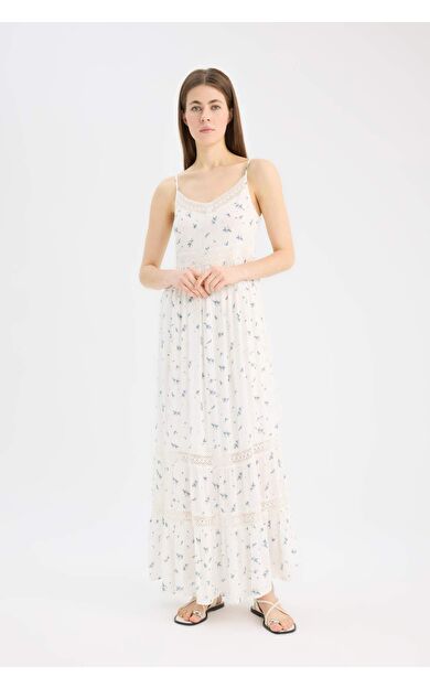 DeFacto A Kesim Dantelli V Yaka Çiçekli Krinkıl Kumaş Askılı Maxi Elbise