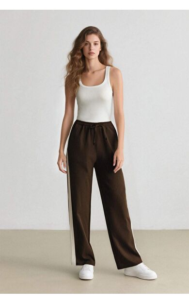 Coool Wide Leg Çizgili Kumaş Pantolon Normal Bel