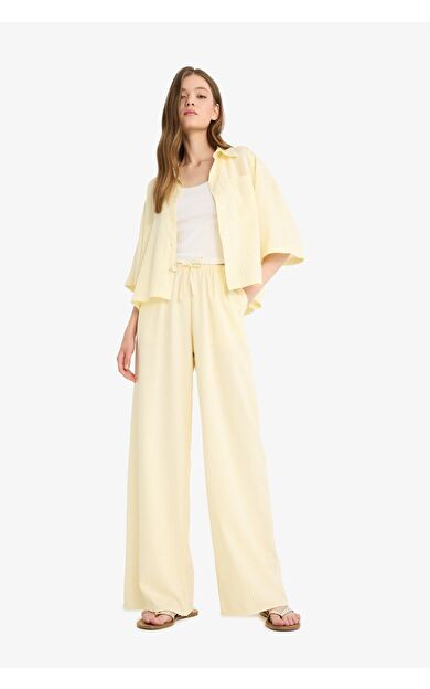 DeFacto Coool Wide Leg Çizgili Normal Bel Keten Karışımlı Pantolon
