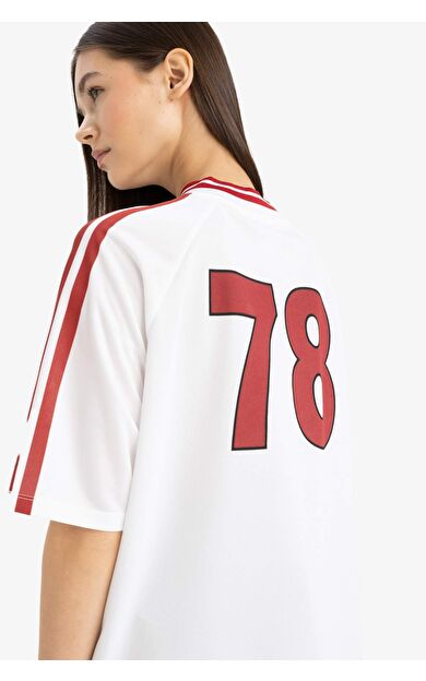 DeFacto Rolling Stones Oversize Geniş Kalıp V Yaka Baskılı Kısa Kollu Tişört