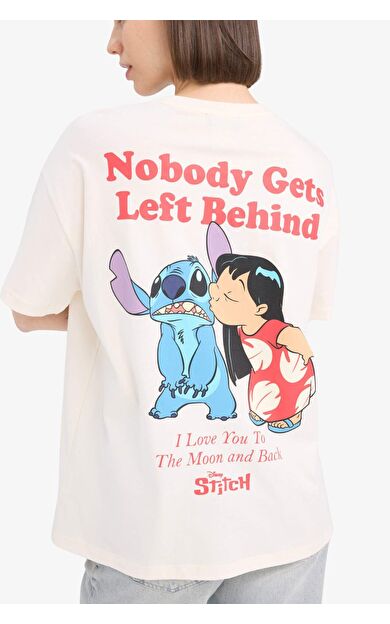 Coool Disney Lilo & Stitch Oversize Geniş Kalıp Bisiklet Yaka Baskılı Kısa Kollu Tişört